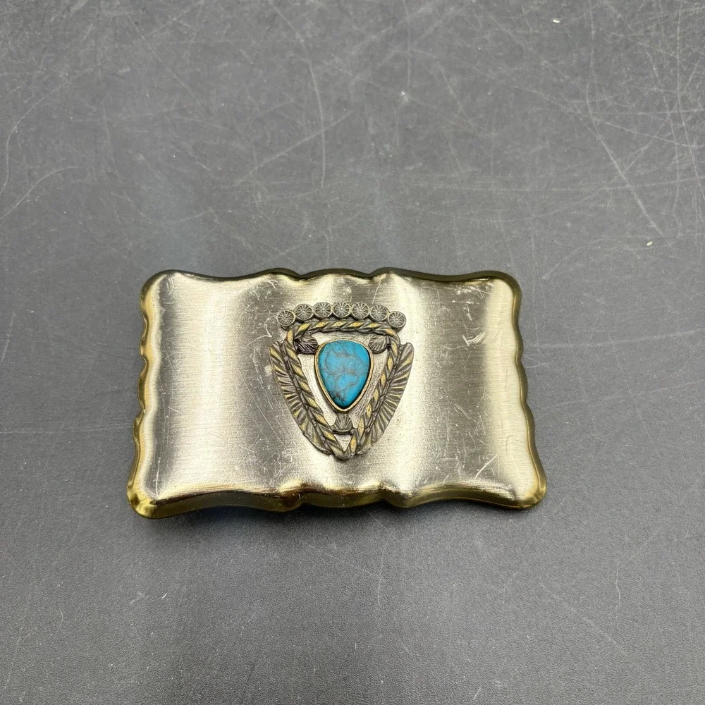 Vtg Native American Theme Belt Buckle Faux Turquoise Scalloped Edge Southwestern